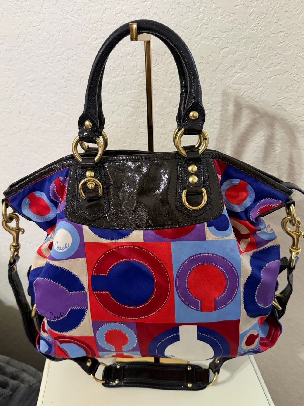 ****SOLD****Coach Multicolor Geometric Patent-Trim Satchel - Blue/Red/Purple - Picture 2 of 13